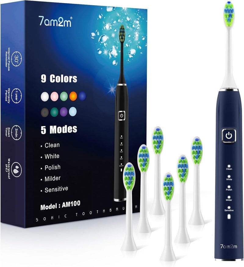 7AM2M Ultrasonic Electric Toothbrush with 6 Brush Heads for Adults&Kids, Type C Rechargeable, One Charge for 120 Days, 5 Modes&40000VPM Powered Toothbrush, 2 Minutes Built in Smart Timer (Navy Blue) - Image 1